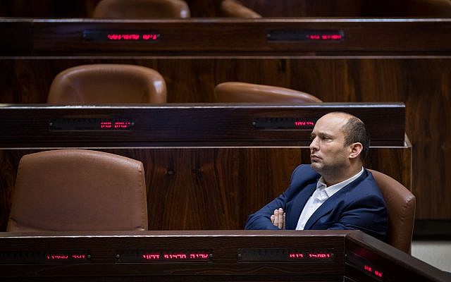 Education Minister Naftali Bennett attends a Knesset plenary session ahead of the vote on the Jewish state law, July 18, 2018 (Hadas Parush/Flash90) Education Minister Naftali Bennett attends a Knesset plenary session ahead of the vote on the Jewish state law, July 18, 2018 (Hadas Parush/Flash90)