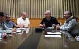 Prime Minister Benjamin Netanyahu (center), Defense Minister Avigdor (left) Liberman and IDF Chief of Staff Gadi Eisenkot (right) seen during an emergency meeting at the Ministry of Defense in Tel Aviv, on July 20, 2018 (Ministry of Defense/Ariel Hermoni)