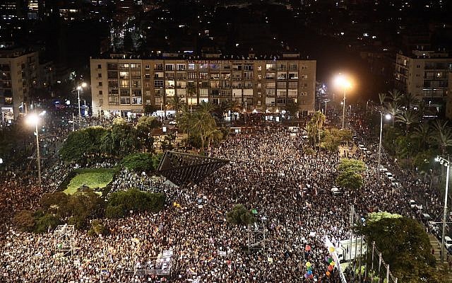 A protest for LGBT rights at Rabin Square in Tel Aviv on July 22, 2018. (Miriam Alster/Flash90)
