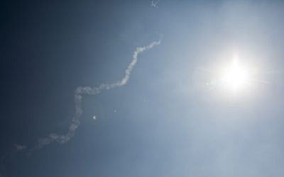 A smoke trail of a David's Sling interceptor missile is seen in northern Israel after the interceptor was fired toward a Syrian SS-21 missile, on July 23, 2018. (David Cohen/Flash90)