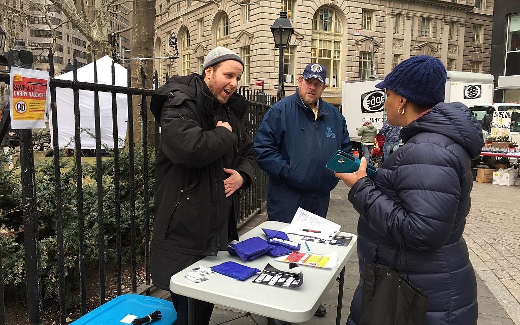 Amudim staff educate about and distribute free Naloxone, which can be used to help block the effect of opioids, and is especially useful in the case of overdose. (Courtesy Amudim)