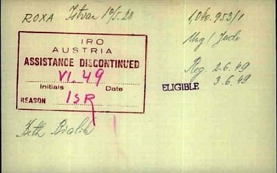 International Refugee Organization document stating that Istvan Rokza was at Beth Bialik DP camp in Salzburg, Austria in June 1949 awaiting immigration to Israel. (Courtesy of ITS)