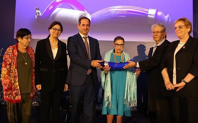 From left to right: Former Supreme Court Judges Miriam Naor and Esther Hayut; co-founder and chairman of Genesis Prize Foundation Stan Polovets; Supreme Court Justice and Genesis Lifetime Achievement Award Honoree, Justice Ruth Bader Ginsburg; and former presidents of Israeli Supreme Court Aaron Barak and Dorit Beinich, at the Genesis Award ceremony in Tel Aviv, July 4, 2018. (Eran Lamm/Lens Productions) From left to right: Former Supreme Court Judges Miriam Naor and Esther Hayut; co-founder and chairman of Genesis Prize Foundation Stan Polovets; Supreme Court Justice and Genesis Lifetime Achievement Award Honoree, Justice Ruth Bader Ginsburg; and former presidents of Israeli Supreme Court Aaron Barak and Dorit Beinich, at the Genesis Award ceremony in Tel Aviv, July 4, 2018. (Eran Lamm/Lens Productions)