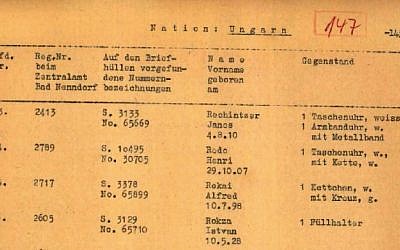 Istvan Rokza and his pen appear on a Nazi list of prisoners' personal effects at the Neuengamme concentration camp. (Courtesy of ITS)