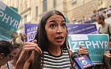 Congressional nominee Alexandria Ocasio-Cortez campaigning for Zephyr Teachout in New York City, July 12, 2018. (Spencer Platt/Getty Images via JTA)