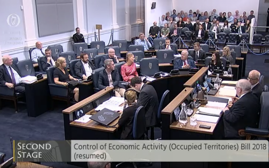 The Irish Senate debating a bill that would ban trade with settlement goods, July 11, 2018 (screenshot: oireachtas.ie)