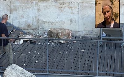A boulder from the Western Wall falls onto a prayer platform on July 23, 2018 (Courtesy/The Western Wall Heritage Foundation via the Masorti Movement of Israel); Inset: Daniella Goldberg, who was praying a few meters away (screenshot: Hadashot) A boulder from the Western Wall falls onto a prayer platform on July 23, 2018 (Courtesy/The Western Wall Heritage Foundation via the Masorti Movement of Israel); Inset: Daniella Goldberg, who was praying a few meters away (screenshot: Hadashot)