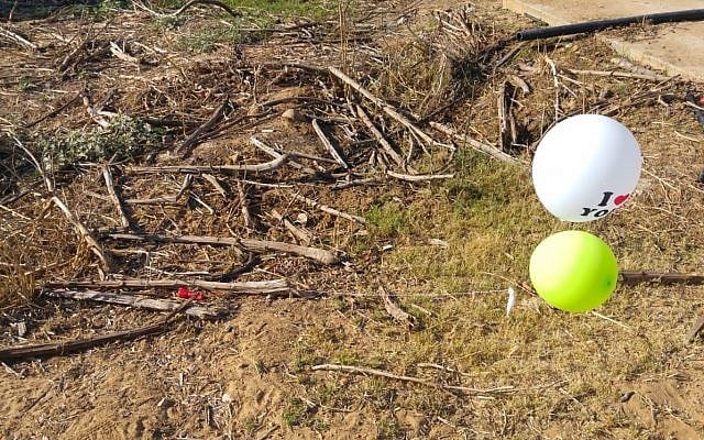 Balloons carrying a flashlight wrapped in a balloon, suspected of containing an explosive device, which were flown into southern Israel from the Gaza Strip and were found in a cotton field on July 2, 2018. (Eshkol regional council) Balloons carrying a flashlight wrapped in a balloon, suspected of containing an explosive device, which were flown into southern Israel from the Gaza Strip and were found in a cotton field on July 2, 2018. (Eshkol regional council)