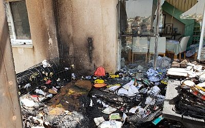 Damage to a home in the West Bank settlement of Karmei Tzur that the IDF says was caused by a Molotov cocktail attack, July 25, 2018. (Asaf Wilf)