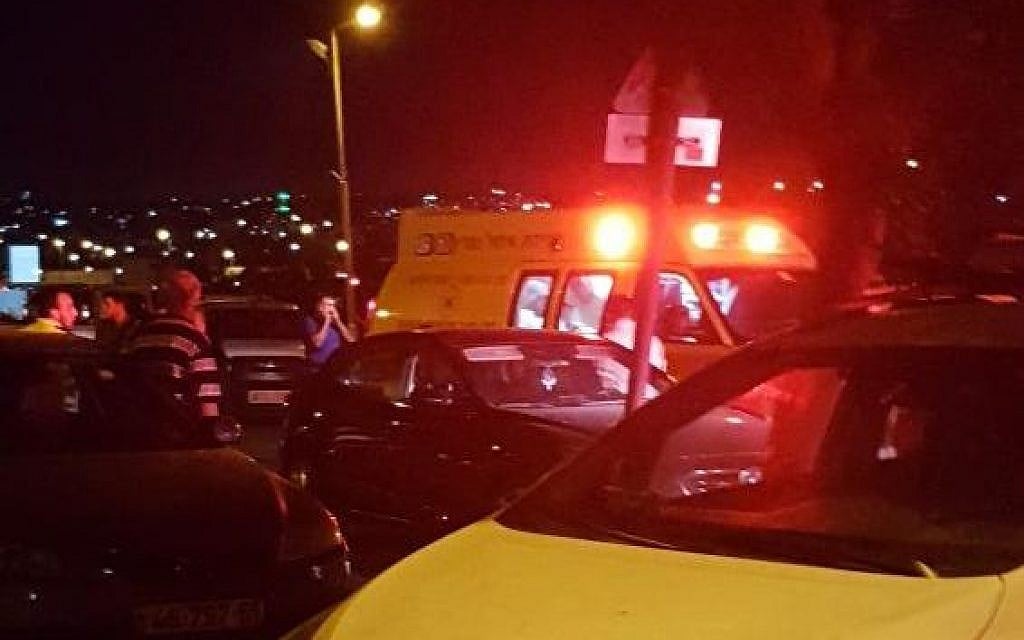 The scene of a stabbing attack in the West Bank settlement of Adam, July 26, 2018. (Magen David Adom) The scene of a stabbing attack in the West Bank settlement of Adam, July 26, 2018. (Magen David Adom)