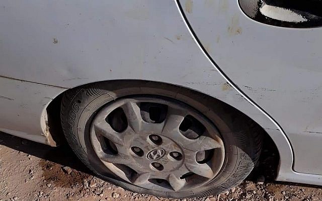 A tire slashed in an apparent hate crime attack in the Palestinian village of al-Mughayyir on July 30, 2018. (Israel Police) A tire slashed in an apparent hate crime attack in the Palestinian village of al-Mughayyir on July 30, 2018. (Israel Police)