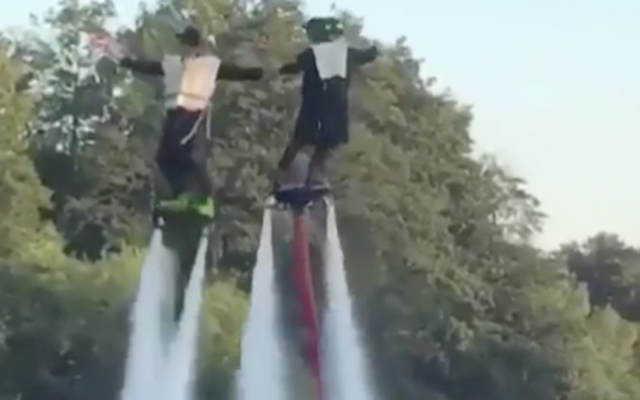 Water-fueled hoverboards at a performance at a Jewish wedding. (Instagram screen capture) Water-fueled hoverboards at a performance at a Jewish wedding. (Instagram screen capture)