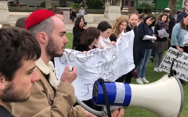 Demonstrators at a Kaddish for Gaza event in London, May 16, 2018. (Screenshot from YouTube via JTA) Demonstrators at a Kaddish for Gaza event in London, May 16, 2018. (Screenshot from YouTube via JTA)