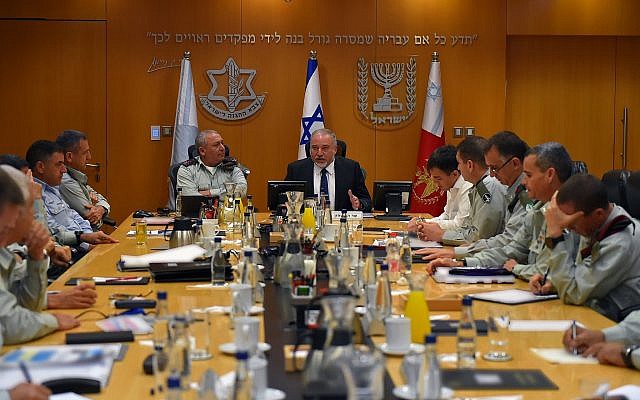 Defense Minister Avigdor Liberman, center, meets with the IDF's top generals in the military's Tel Aviv headquarters, the Kirya, on July 23, 2018. (Ariel Hermoni/Defense Ministry) Defense Minister Avigdor Liberman, center, meets with the IDF's top generals in the military's Tel Aviv headquarters, the Kirya, on July 23, 2018. (Ariel Hermoni/Defense Ministry)