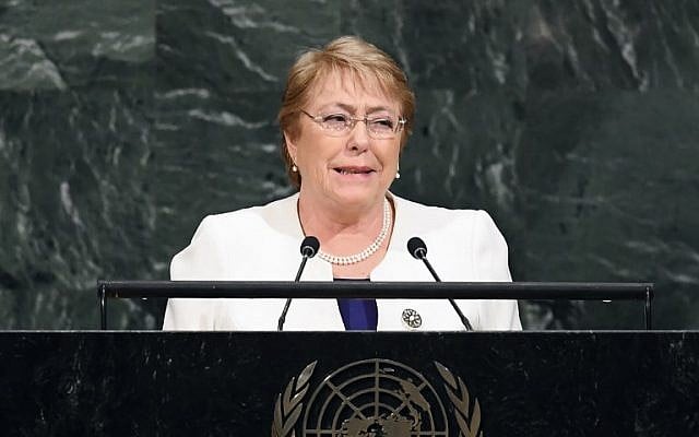 In this file photo taken on September 20, 2017, Chile's then-president Michelle Bachelet addresses the 72nd UN General Assembly at the United Nations in New. (AFP Photo/Jewel Samad) In this file photo taken on September 20, 2017, Chile's then-president Michelle Bachelet addresses the 72nd UN General Assembly at the United Nations in New. (AFP Photo/Jewel Samad)