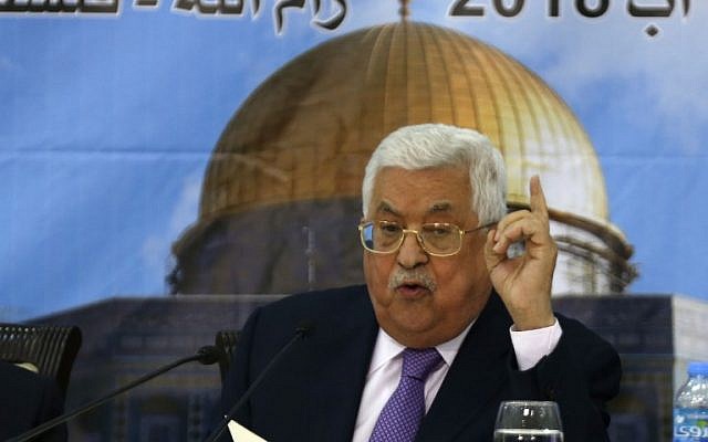 Palestinian Authority President Mahmoud Abbas speaks during a meeting with the Palestinian Central Council in the West Bank city of Ramallah on August 15, 2018. (AFP/Abbas Momani) Palestinian Authority President Mahmoud Abbas speaks during a meeting with the Palestinian Central Council in the West Bank city of Ramallah on August 15, 2018. (AFP/Abbas Momani)