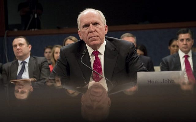 Former CIA Director John Brennan testifies during a House Permanent Select Committee on Intelligence hearing about Russian actions during the 2016 election on Capitol Hill in Washington, May 23, 2017. (AFP/Saul Loeb) Former CIA Director John Brennan testifies during a House Permanent Select Committee on Intelligence hearing about Russian actions during the 2016 election on Capitol Hill in Washington, May 23, 2017. (AFP/Saul Loeb)