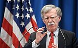 US National Security Adviser John Bolton gives a press conference after a meeting with his Russian counterpart at the US mission in Geneva on August 23, 2018. (AFP Photo/Fabrice Coffrini)