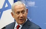 Israeli Prime Minister Benjamin Netanyahu and his Lithuanian counterpart address a press conference in Vilnius, Lithuania, on August 23, 2018. (AFP PHOTO / Petras Malukas)