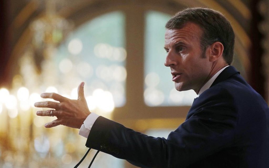 French President Emmanuel Macron delivers a speech during the annual French ambassadors' conference at the Elysee Palace in Paris on August 27, 2018. (AFP PHOTO / POOL / PHILIPPE WOJAZER)
