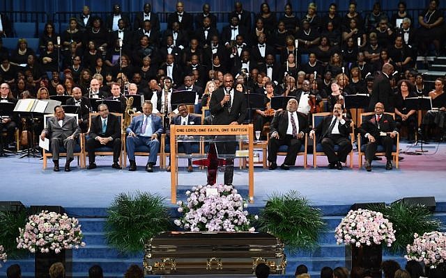 Tyler Perry speaks at Aretha Franklin's funeral at Greater Grace Temple on August 31, 2018 in Detroit, Michigan. (AFP/Angela Weiss)