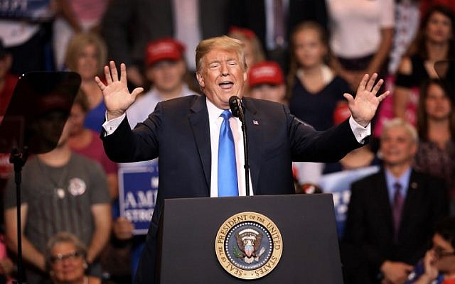 US President Donald Trump speaks to a crowd on August 2, 2018 at the Mohegan Sun Arena at Casey Plaza in Wilkes Barre, Pennsylvania. (Rick Loomis/Getty Images/AFP) US President Donald Trump speaks to a crowd on August 2, 2018 at the Mohegan Sun Arena at Casey Plaza in Wilkes Barre, Pennsylvania. (Rick Loomis/Getty Images/AFP)