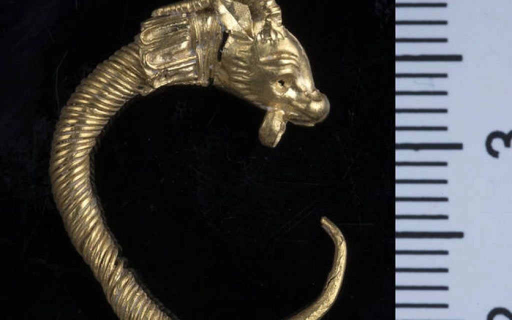 The gold Hellenistic-era earring unearthed in the City of David's Givati Parking Lot excavations belonged to an upper class man or woman in Jerusalem.  (Clara Amit, Israel Antiquities Authority)
