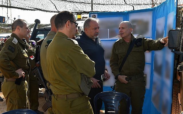 Defense Minister Avigdor Liberman, center, tours the border with Lebanon on August 31, 2018. (Ariel Hermoni/Defense Ministry) Defense Minister Avigdor Liberman, center, tours the border with Lebanon on August 31, 2018. (Ariel Hermoni/Defense Ministry)