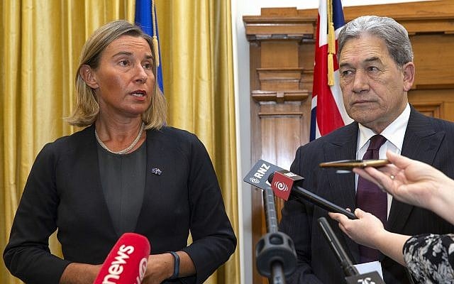 European Union foreign policy chief Federica Mogherini, left, and New Zealand Foreign Minister Winston Peters address a press conference after their meeting at Parliament in Wellington, New Zealand, August 7, 2018. (Mark Mitchell/New Zealand Herald via AP) European Union foreign policy chief Federica Mogherini, left, and New Zealand Foreign Minister Winston Peters address a press conference after their meeting at Parliament in Wellington, New Zealand, August 7, 2018. (Mark Mitchell/New Zealand Herald via AP)