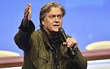 In this photo dated March 10, 2018, former White House strategist Steve Bannon addresses members of the far right National Front party at the party congress in the northern French city of Lille. (AP Photo)