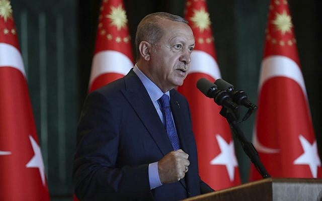 Turkey's President Recep Tayyip Erdogan, gestures as he delivers a speech to Turkish ambassadors at the Presidential Palace in Turkey, Monday, Aug. 13, 2018. (Pool Photo via AP) Turkey's President Recep Tayyip Erdogan, gestures as he delivers a speech to Turkish ambassadors at the Presidential Palace in Turkey, Monday, Aug. 13, 2018. (Pool Photo via AP)