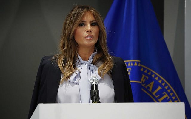 First lady Melania Trump speaks as she attends the 6th Federal Partners in Bullying Prevention (FPBP) Summit at Health and Human Service in Rockville, Maryland, August 20, 2018. (Pablo Martinez Monsivais/AP) First lady Melania Trump speaks as she attends the 6th Federal Partners in Bullying Prevention (FPBP) Summit at Health and Human Service in Rockville, Maryland, August 20, 2018. (Pablo Martinez Monsivais/AP)