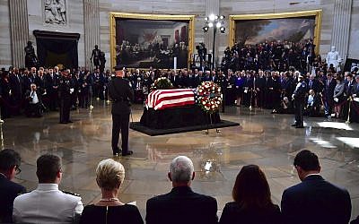 The flag-draped casket of Sen. John McCain, R-Ariz., lies in state at the US Capitol, Friday, August 31, 2018 in Washington. (Kevin Dietsch/Pool photo via AP)