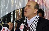 Popular Front for the Liberation of Palestine member Maher al-Taher eulogizes George Habash, the founder of the terror group, during a commemorative celebration held in Damascus on Friday, March 7, 2008. (AP Photo/Bassem Tellawi)