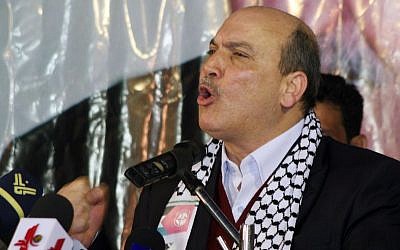 Popular Front for the Liberation of Palestine member Maher al-Taher eulogizes George Habash, the founder of the terror group, during a commemorative celebration held in Damascus on Friday, March 7, 2008. (AP Photo/Bassem Tellawi)