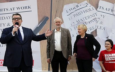 Deputy Labour leader Tom Watson, left, party head Jeremy Corbyn, center, during a referendum event in London on June 7, 2016. (AP/Frank Augstein)