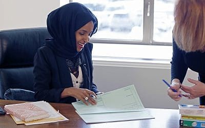 Ilhan Omar, Democrat Minnesota House of Representatives, seen here after she was elected to the state legislature in January 5, 2017. (Jim Mone/AP)