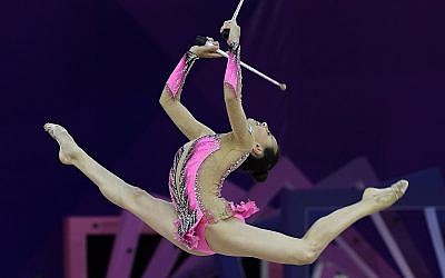 Linoy Ashram of Israel performs her clubs routine during in 2017 (Tamas Kovacs/MTI via AP)