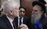 Illustrative: Labour leader Jeremy Corbyn, left, meets locals at Finsbury Park Mosque in north London, after an incident where where a van struck pedestrians, in London, Monday June 19, 2017. (Stefan Rousseau/Pool Photo via AP)