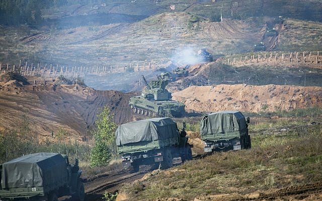 Russian military vehicles during a military exercise at a training ground at the Luzhsky Range, near St. Petersburg, Russia, Monday, Sept. 18, 2017. (AP Photo/ Russian Defense Ministry Press Service)