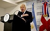 Then-British Foreign Secretary Boris Johnson talks at a press conference in Buenos Aires, Argentina, on May 22, 2018. (AP Photo/Natacha Pisarenko)