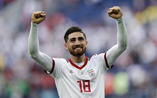 In this June 15, 2018 photo, Iran's Alireza Jahanbakhsh celebrates his team's victory after the group B match between Morocco and Iran at the 2018 soccer World Cup in the St. Petersburg Stadium in St. Petersburg, Russia. (AP Photo/Themba Hadebe) In this June 15, 2018 photo, Iran's Alireza Jahanbakhsh celebrates his team's victory after the group B match between Morocco and Iran at the 2018 soccer World Cup in the St. Petersburg Stadium in St. Petersburg, Russia. (AP Photo/Themba Hadebe)