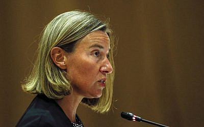 European Union Foreign Policy chief Federica Mogherini delivers her opening address during the ASEAN-European Union Ministerial Meeting in Singapore, August 3, 2018. (Yong Teck Lim/AP)