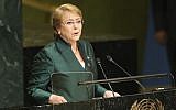 In this September 21, 2016 file photo, then Chilean President Michelle Bachelet speaks during the 71st session of the United Nations General Assembly at UN headquarters. (AP Photo/Seth Wenig, File)