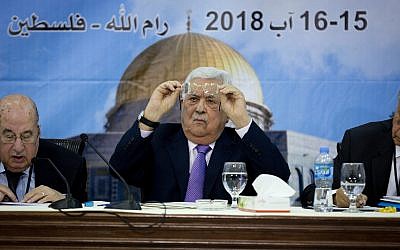Palestinian Authority President Mahmoud Abbas, center, attends a meeting with top decision-making body the Palestinian Central Council, at his headquarters in the West Bank city of Ramallah, on August 15, 2018. (AP Photo/Majdi Mohammed)
