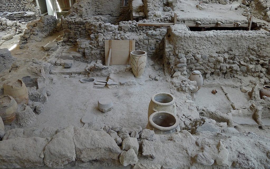 Image of Akrotiri, a Minoan Bronze Age settlement on Greek island of Santorini where the volcano Thera erupted, wiping out the island. (Gretchen Gibbs)
