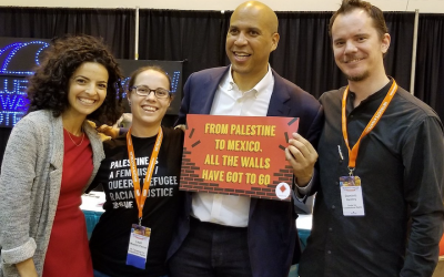 Sen. Cory Booker is shown posing with attendees at the Netroots Nation 2018 conference in New Orleans, August 2018. (@US_Campaign/Twitter via JTA)