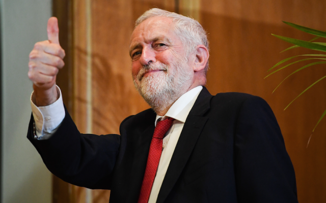 Labour Party leader Jeremy Corbyn leaves the stage after delivering an address at Queens University in Belfast, Northern Ireland, May 24, 2018. (Jeff J Mitchell/Getty Images via JTA) Labour Party leader Jeremy Corbyn leaves the stage after delivering an address at Queens University in Belfast, Northern Ireland, May 24, 2018. (Jeff J Mitchell/Getty Images via JTA)