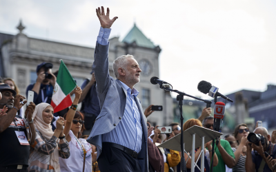 Jeremy Corbyn addresses a crowd in London’s Trafalgar Square, July 13, 2018. (Niklas Hallen/AFP/Getty Images/via JTA)
