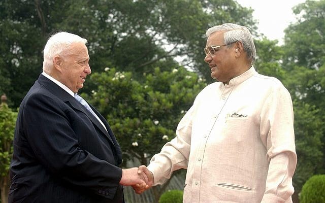 Prime Minister Ariel Sharon (L) shakes hands with his Indian counterpart Atal Bihari Vajpayee in New Delhi during an official state visit to India in September 2003. (GPO) Prime Minister Ariel Sharon (L) shakes hands with his Indian counterpart Atal Bihari Vajpayee in New Delhi during an official state visit to India in September 2003. (GPO)